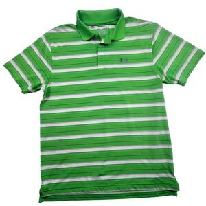 Under Armour‎ Golf Polo Shirt Mens XL Green White Stripe HeatGear Short Sleeve